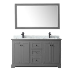 Wyndham Avery 60 Inch Double Bathroom Vanity White Carrara Marble Countertop, Undermount Square Sinks in Matte Black Trim with 58 Inch Mirror - Luxe Bathroom Vanities