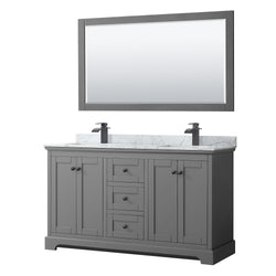 Wyndham Avery 60 Inch Double Bathroom Vanity White Carrara Marble Countertop, Undermount Square Sinks in Matte Black Trim with 58 Inch Mirror - Luxe Bathroom Vanities