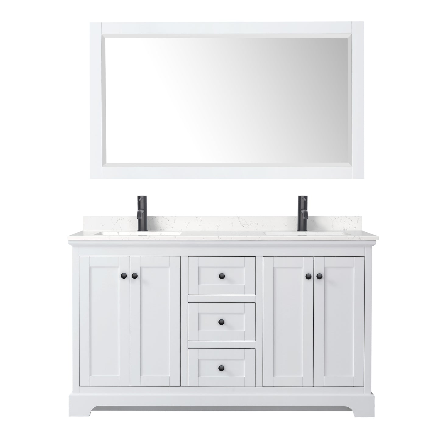 Wyndham Avery 60 Inch Double Bathroom Vanity Light-Vein Carrara Cultured Marble Countertop, Undermount Square Sinks in Matte Black Trim with 58 Inch Mirror - Luxe Bathroom Vanities