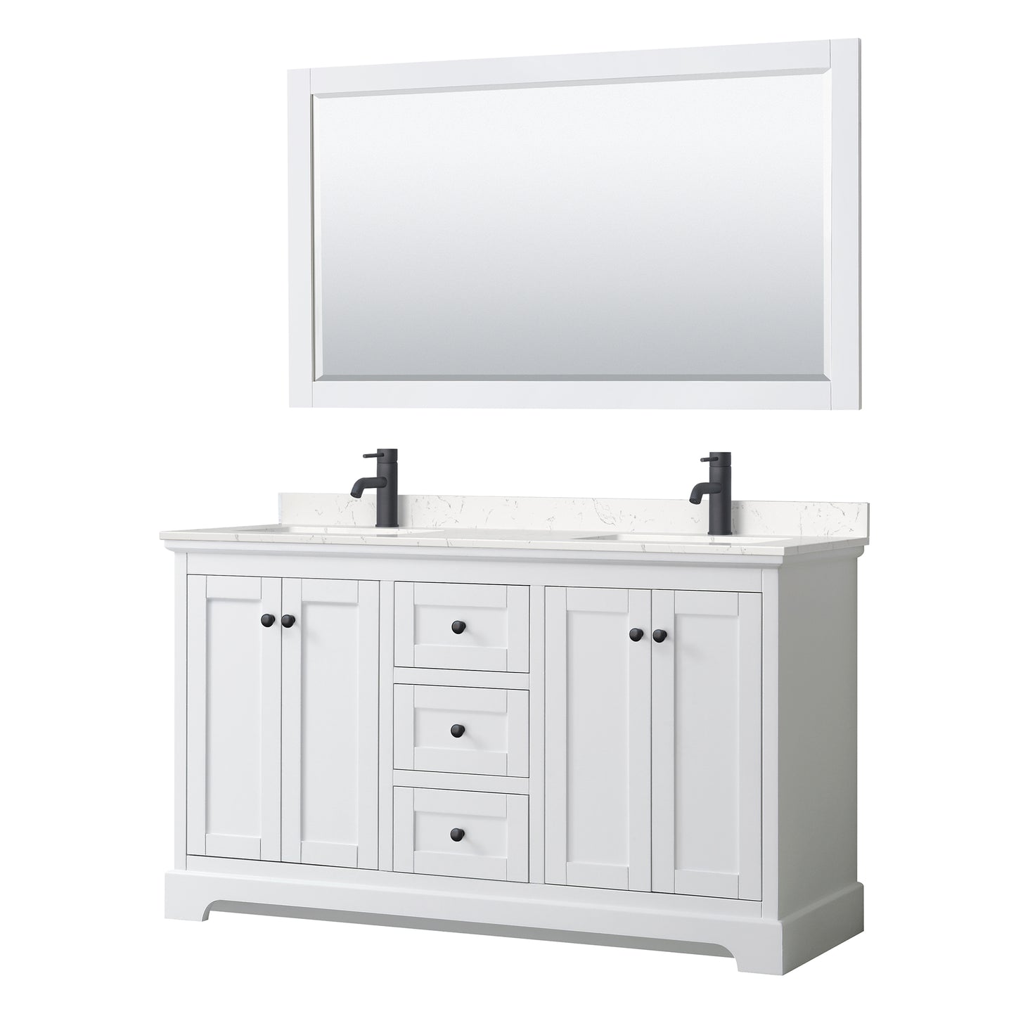 Wyndham Avery 60 Inch Double Bathroom Vanity Light-Vein Carrara Cultured Marble Countertop, Undermount Square Sinks in Matte Black Trim with 58 Inch Mirror - Luxe Bathroom Vanities