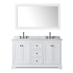 Wyndham Avery 60 Inch Double Bathroom Vanity White Carrara Marble Countertop, Undermount Oval Sinks in Matte Black Trim with 58 Inch Mirror - Luxe Bathroom Vanities