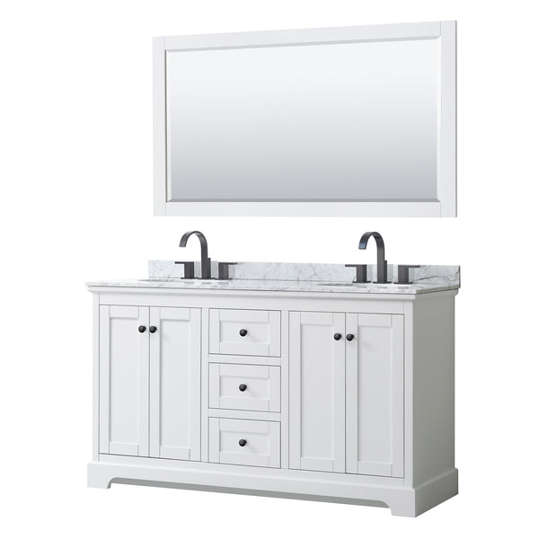 Wyndham Avery 60 Inch Double Bathroom Vanity White Carrara Marble Countertop, Undermount Oval Sinks in Matte Black Trim with 58 Inch Mirror - Luxe Bathroom Vanities