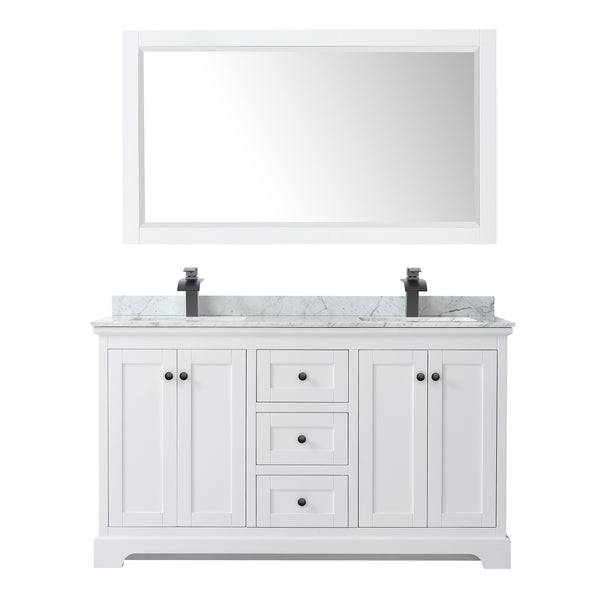 Wyndham Avery 60 Inch Double Bathroom Vanity White Carrara Marble Countertop, Undermount Square Sinks in Matte Black Trim with 58 Inch Mirror - Luxe Bathroom Vanities
