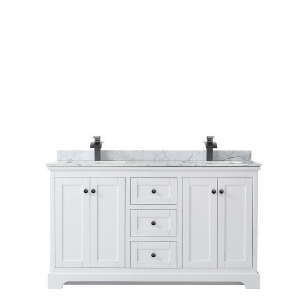 Wyndham Avery 60 Inch Double Bathroom Vanity White Carrara Marble Countertop with Undermount Square Sinks in Matte Black Trim - Luxe Bathroom Vanities