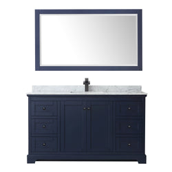 Wyndham Avery 60 Inch Single Bathroom Vanity White Carrara Marble Countertop, Undermount Square Sink in Matte Black Trim with 58 Inch Mirror - Luxe Bathroom Vanities