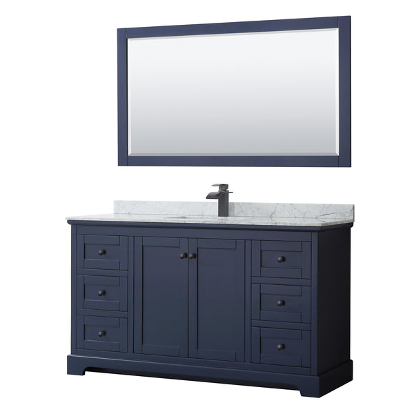 Wyndham Avery 60 Inch Single Bathroom Vanity White Carrara Marble Countertop, Undermount Square Sink in Matte Black Trim with 58 Inch Mirror - Luxe Bathroom Vanities