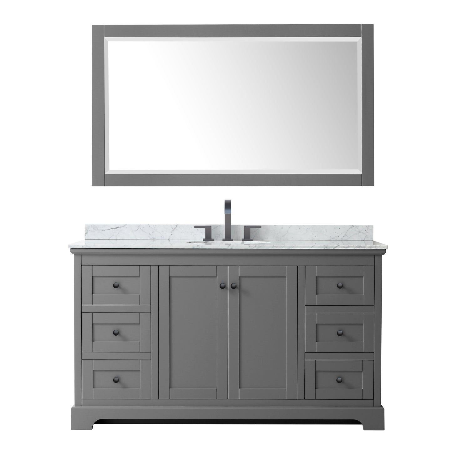 Wyndham Avery 60 Inch Single Bathroom Vanity White Carrara Marble Countertop, Undermount Oval Sink in Matte Black Trim with 58 Inch Mirror - Luxe Bathroom Vanities