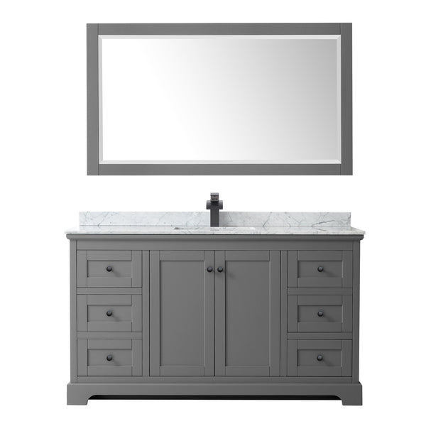 Wyndham Avery 60 Inch Single Bathroom Vanity White Carrara Marble Countertop, Undermount Square Sink in Matte Black Trim with 58 Inch Mirror - Luxe Bathroom Vanities