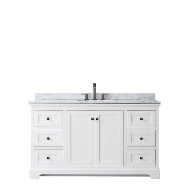Wyndham Avery 60 Inch Single Bathroom Vanity  White Carrara Marble Countertop with Undermount Oval Sink in Matte Black Trim - Luxe Bathroom Vanities
