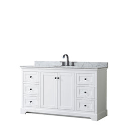 Wyndham Avery 60 Inch Single Bathroom Vanity  White Carrara Marble Countertop with Undermount Oval Sink in Matte Black Trim - Luxe Bathroom Vanities