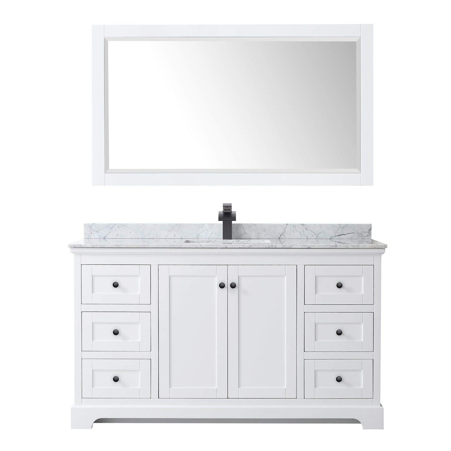 Wyndham Avery 60 Inch Single Bathroom Vanity White Carrara Marble Countertop, Undermount Square Sink in Matte Black Trim with 58 Inch Mirror - Luxe Bathroom Vanities