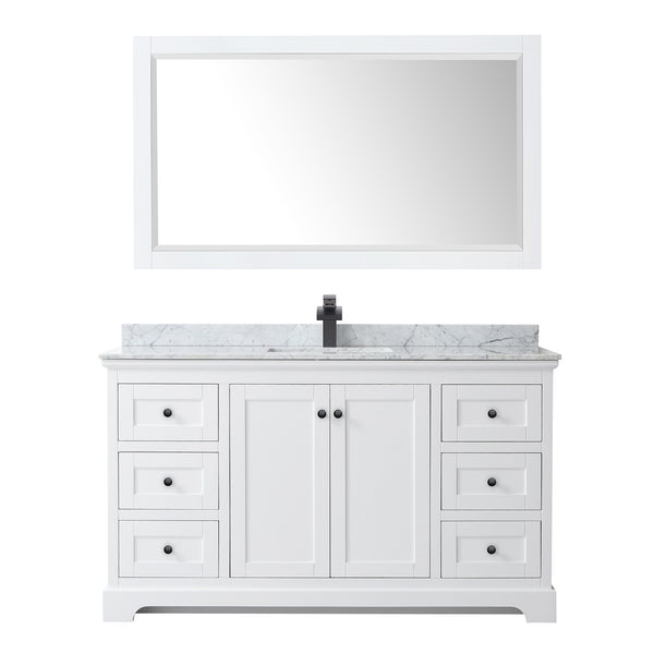 Wyndham Avery 60 Inch Single Bathroom Vanity White Carrara Marble Countertop, Undermount Square Sink in Matte Black Trim with 58 Inch Mirror - Luxe Bathroom Vanities