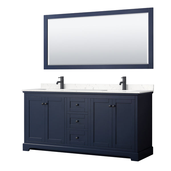 Wyndham Avery 72 Inch Double Bathroom Vanity Light-Vein Carrara Cultured Marble Countertop, Undermount Square Sinks in Matte Black Trim with 70 Inch Mirror - Luxe Bathroom Vanities