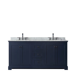 Wyndham Avery 72 Inch Double Bathroom Vanity White Carrara Marble Countertop with Undermount Oval Sinks in Matte Black Trim - Luxe Bathroom Vanities