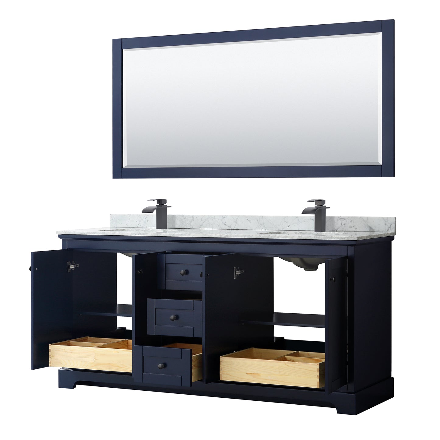 Wyndham Avery 72 Inch Double Bathroom Vanity White Carrara Marble Countertop, Undermount Square Sinks in Matte Black Trim with 70 Inch Mirror - Luxe Bathroom Vanities