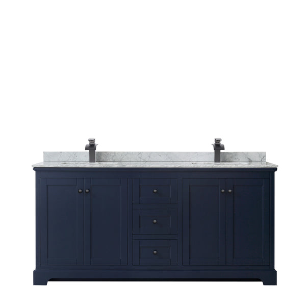 Wyndham Avery 72 Inch Double Bathroom Vanity White Carrara Marble Countertop with Undermount Square Sinks in Matte Black Trim - Luxe Bathroom Vanities