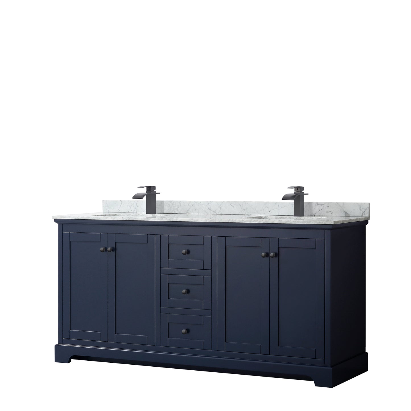 Wyndham Avery 72 Inch Double Bathroom Vanity White Carrara Marble Countertop with Undermount Square Sinks in Matte Black Trim - Luxe Bathroom Vanities