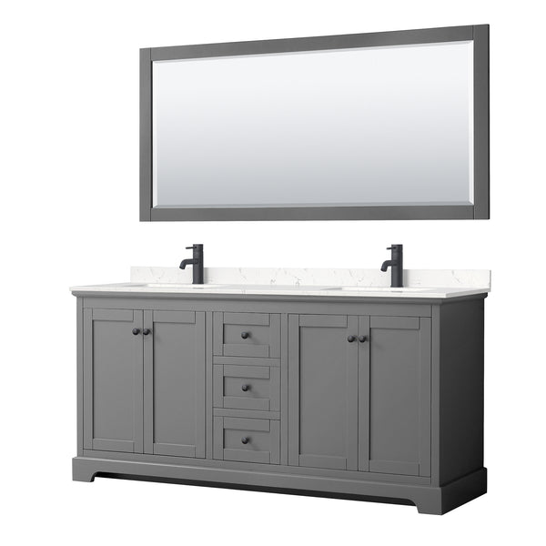 Wyndham Avery 72 Inch Double Bathroom Vanity Light-Vein Carrara Cultured Marble Countertop, Undermount Square Sinks in Matte Black Trim with 70 Inch Mirror - Luxe Bathroom Vanities