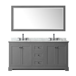 Wyndham Avery 72 Inch Double Bathroom Vanity White Carrara Marble Countertop, Undermount Oval Sinks in Matte Black Trim with 70 Inch Mirror - Luxe Bathroom Vanities