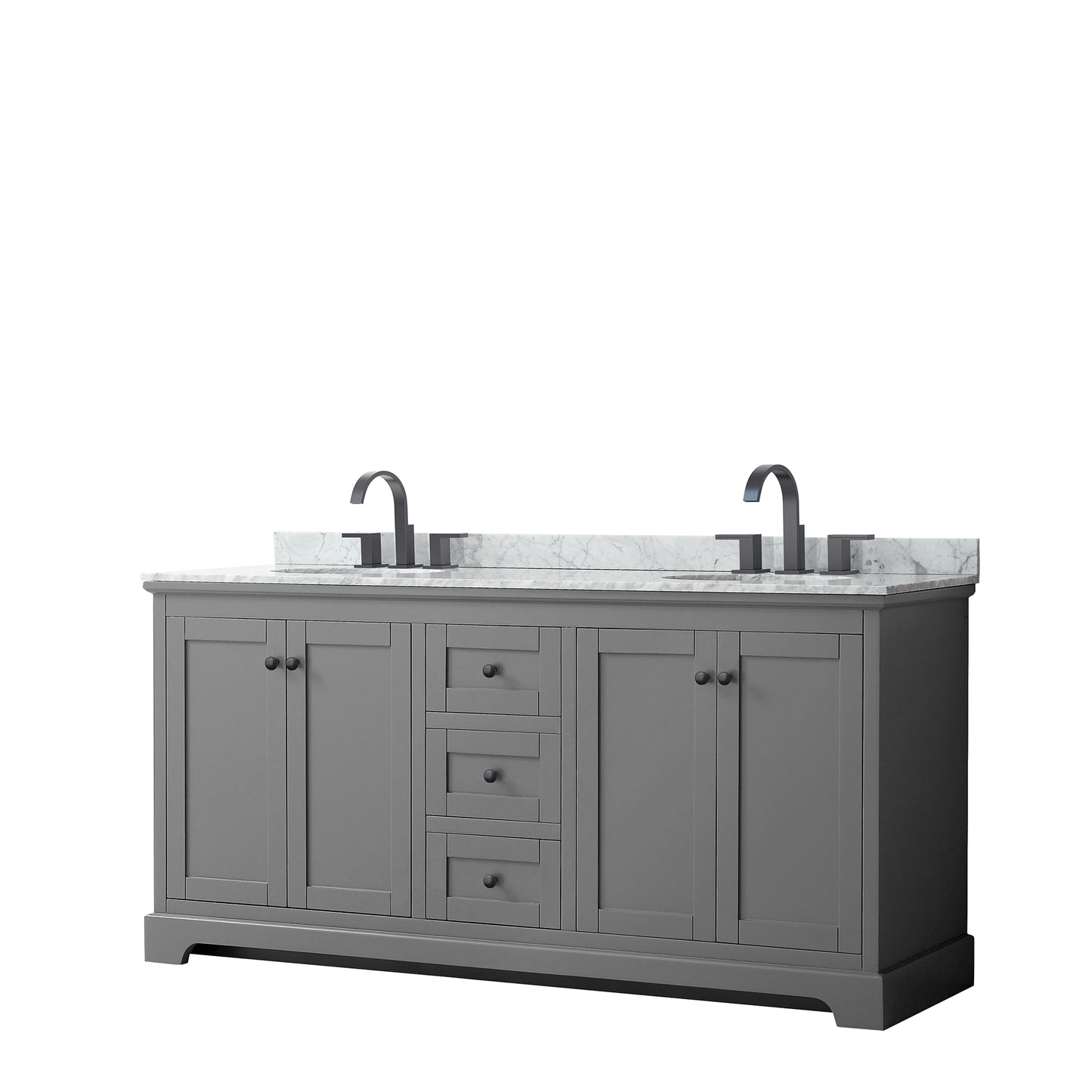 Wyndham Avery 72 Inch Double Bathroom Vanity White Carrara Marble Countertop with Undermount Oval Sinks in Matte Black Trim - Luxe Bathroom Vanities