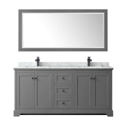 Wyndham Avery 72 Inch Double Bathroom Vanity White Carrara Marble Countertop, Undermount Square Sinks in Matte Black Trim with 70 Inch Mirror - Luxe Bathroom Vanities