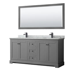 Wyndham Avery 72 Inch Double Bathroom Vanity White Carrara Marble Countertop, Undermount Square Sinks in Matte Black Trim with 70 Inch Mirror - Luxe Bathroom Vanities