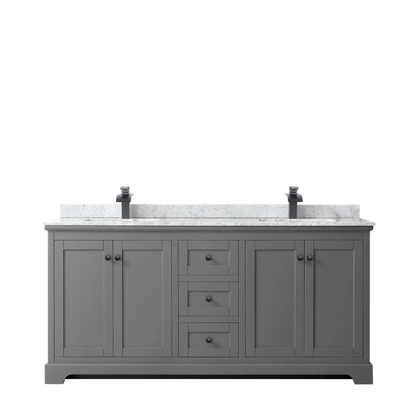 Wyndham Avery 72 Inch Double Bathroom Vanity White Carrara Marble Countertop with Undermount Square Sinks in Matte Black Trim - Luxe Bathroom Vanities