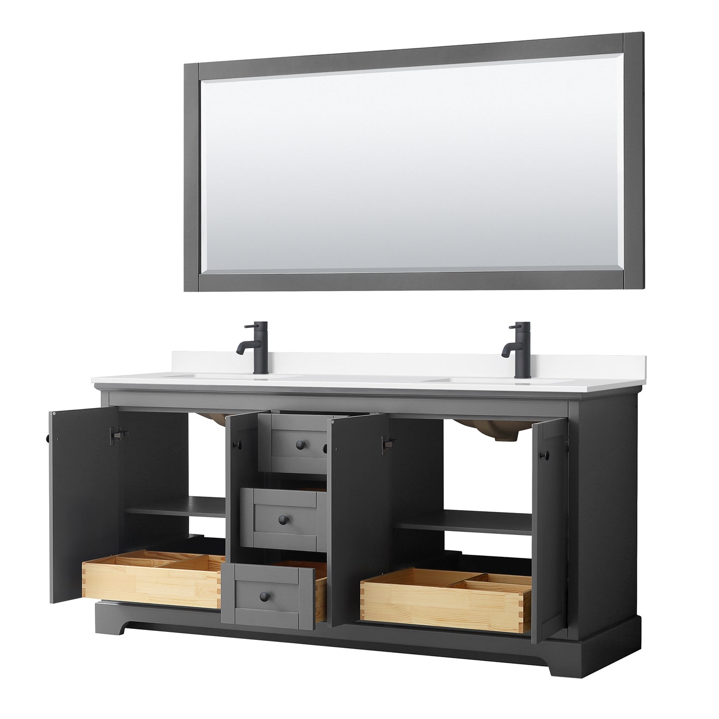 Wyndham Avery 72 Inch Double Bathroom Vanity White Cultured Marble Countertop, Undermount Square Sinks in Matte Black Trim with 70 Inch Mirror - Luxe Bathroom Vanities