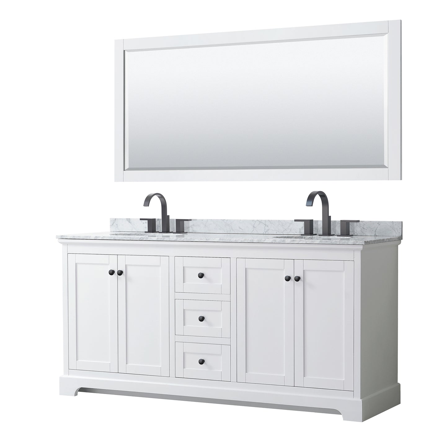 Wyndham Avery 72 Inch Double Bathroom Vanity White Carrara Marble Countertop, Undermount Oval Sinks in Matte Black Trim with 70 Inch Mirror - Luxe Bathroom Vanities