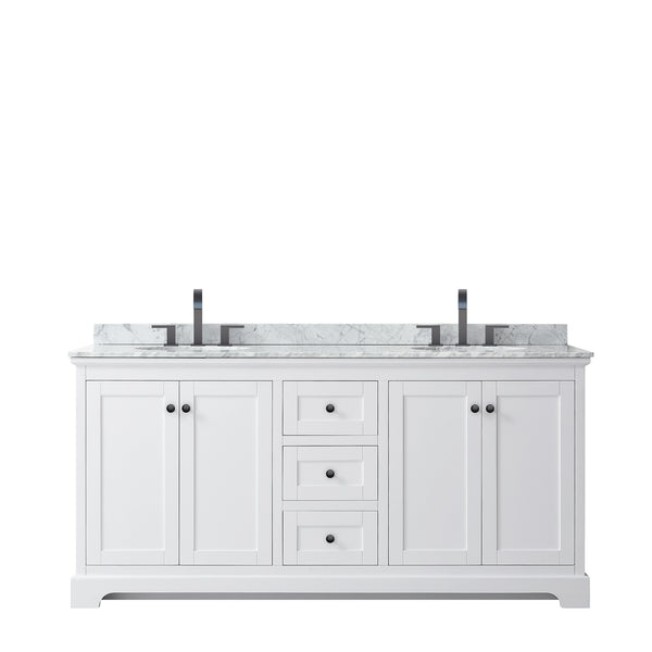 Wyndham Avery 72 Inch Double Bathroom Vanity White Carrara Marble Countertop with Undermount Oval Sinks in Matte Black Trim - Luxe Bathroom Vanities