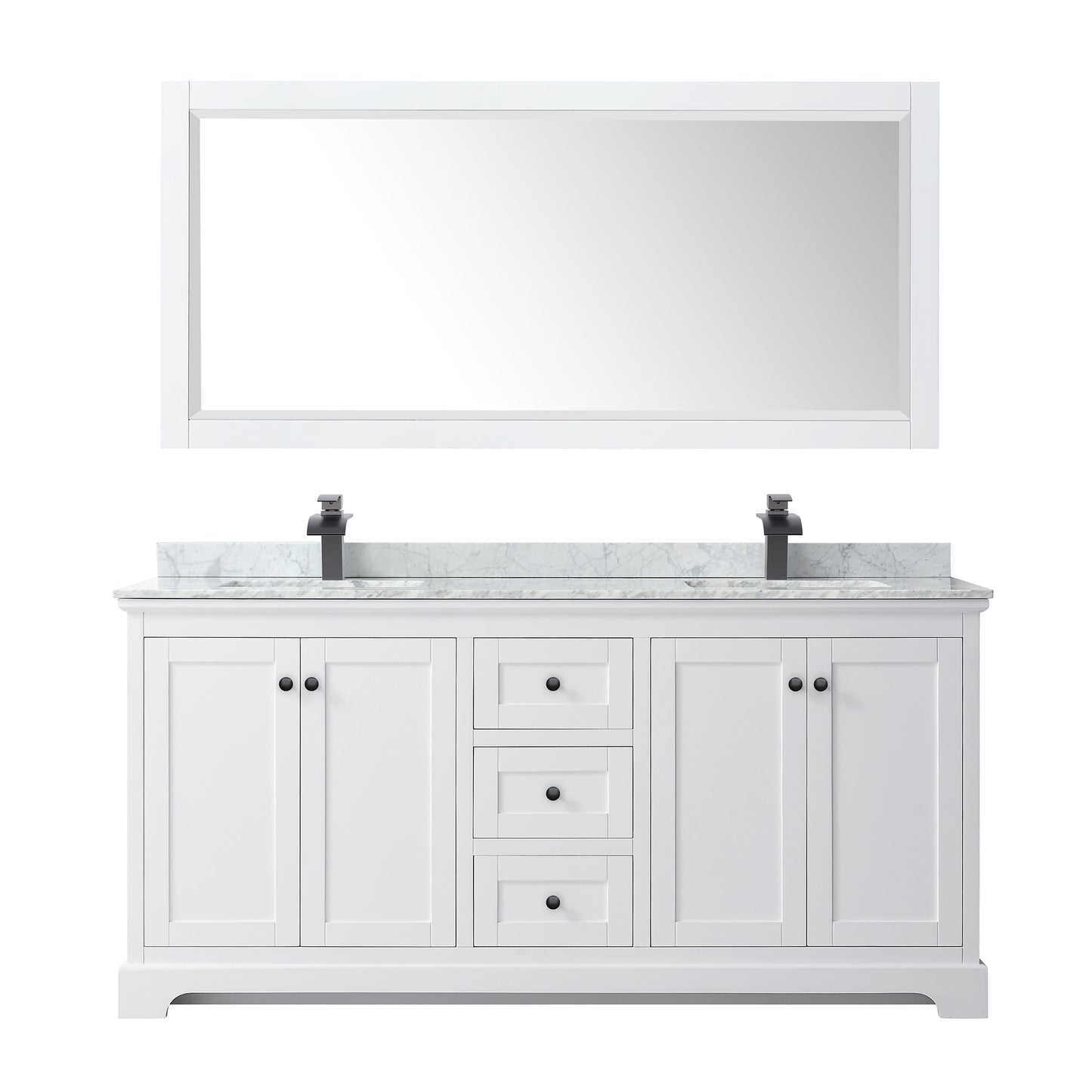 Wyndham Avery 72 Inch Double Bathroom Vanity White Carrara Marble Countertop, Undermount Square Sinks in Matte Black Trim with 70 Inch Mirror - Luxe Bathroom Vanities