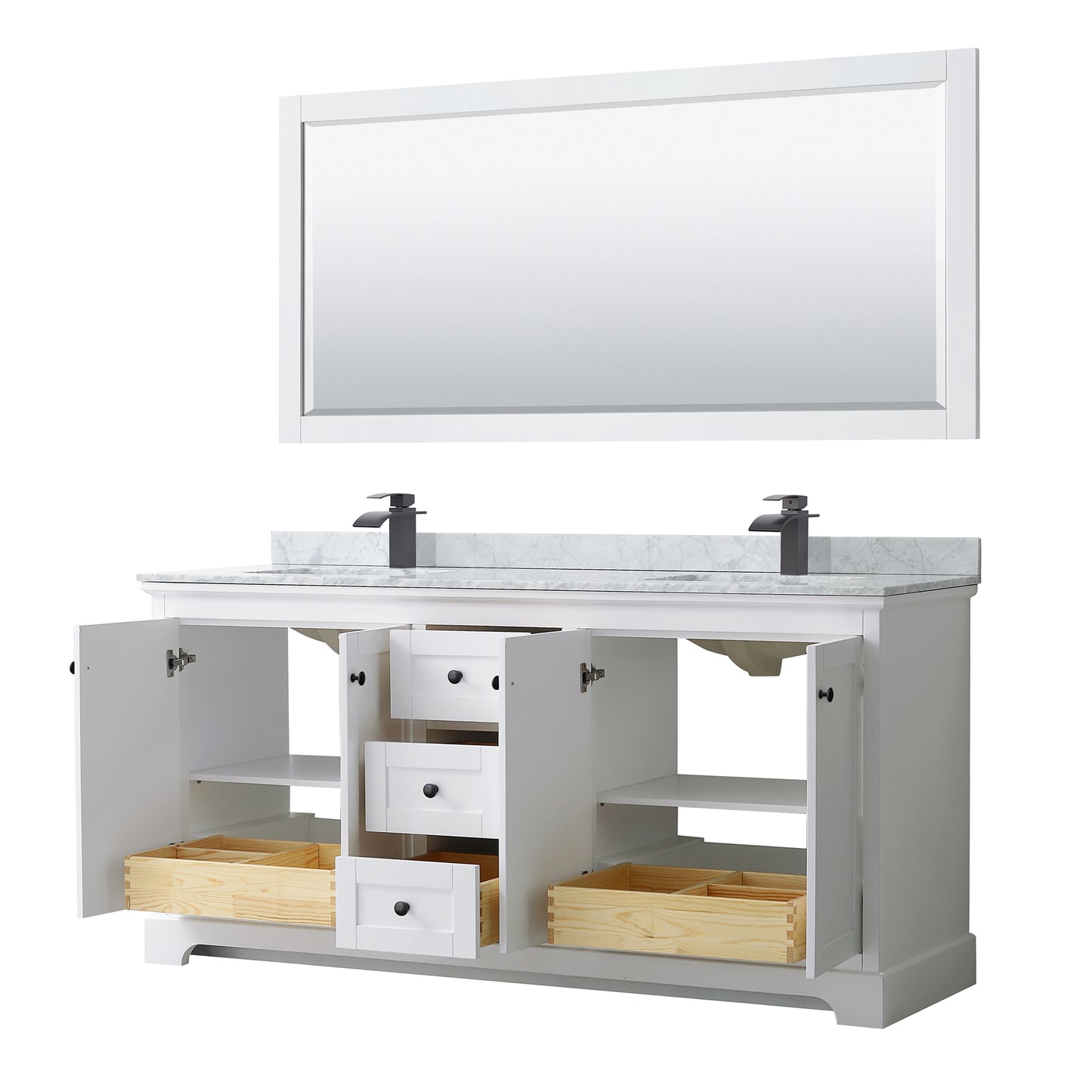 Wyndham Avery 72 Inch Double Bathroom Vanity White Carrara Marble Countertop, Undermount Square Sinks in Matte Black Trim with 70 Inch Mirror - Luxe Bathroom Vanities