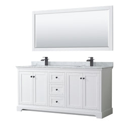 Wyndham Avery 72 Inch Double Bathroom Vanity White Carrara Marble Countertop, Undermount Square Sinks in Matte Black Trim with 70 Inch Mirror - Luxe Bathroom Vanities