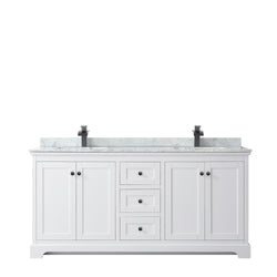 Wyndham Avery 72 Inch Double Bathroom Vanity White Carrara Marble Countertop with Undermount Square Sinks in Matte Black Trim - Luxe Bathroom Vanities