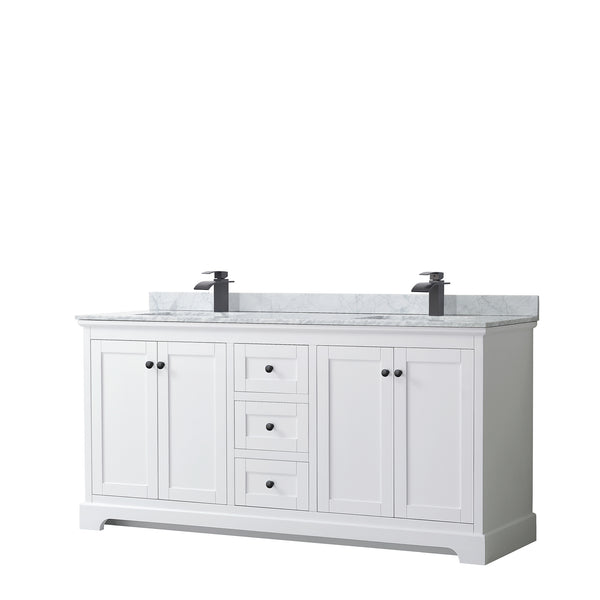 Wyndham Avery 72 Inch Double Bathroom Vanity White Carrara Marble Countertop with Undermount Square Sinks in Matte Black Trim - Luxe Bathroom Vanities