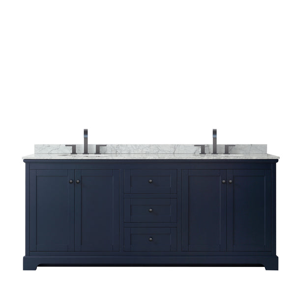 Wyndham Avery 80 Inch Double Bathroom Vanity White Carrara Marble Countertop with Undermount Oval Sinks in Matte Black Trim - Luxe Bathroom Vanities