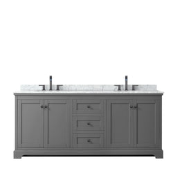 Wyndham Avery 80 Inch Double Bathroom Vanity White Carrara Marble Countertop with Undermount Oval Sinks in Matte Black Trim - Luxe Bathroom Vanities