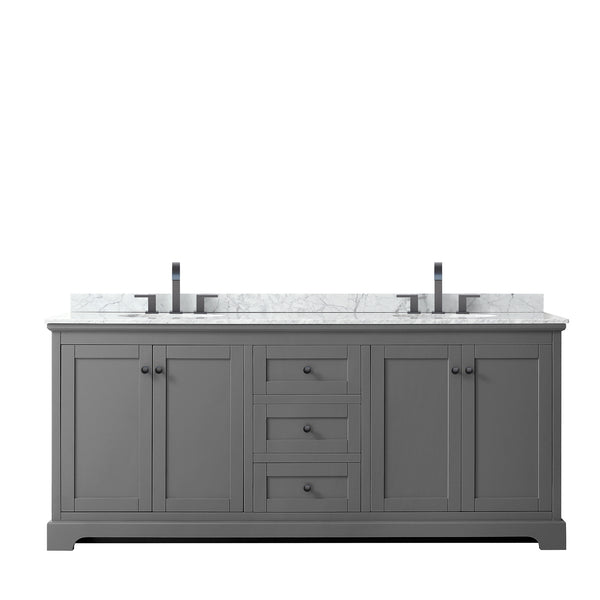 Wyndham Avery 80 Inch Double Bathroom Vanity White Carrara Marble Countertop with Undermount Oval Sinks in Matte Black Trim - Luxe Bathroom Vanities