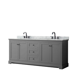 Wyndham Avery 80 Inch Double Bathroom Vanity White Carrara Marble Countertop with Undermount Oval Sinks in Matte Black Trim - Luxe Bathroom Vanities