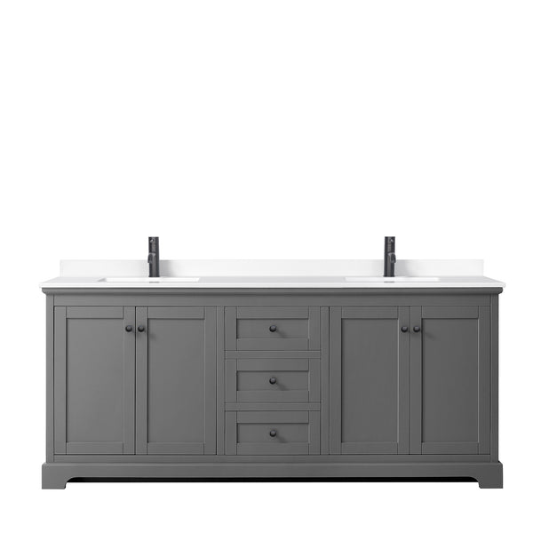 Wyndham Avery 80 Inch Double Bathroom Vanity White Cultured Marble Countertop with Undermount Square Sinks in Matte Black Trim - Luxe Bathroom Vanities