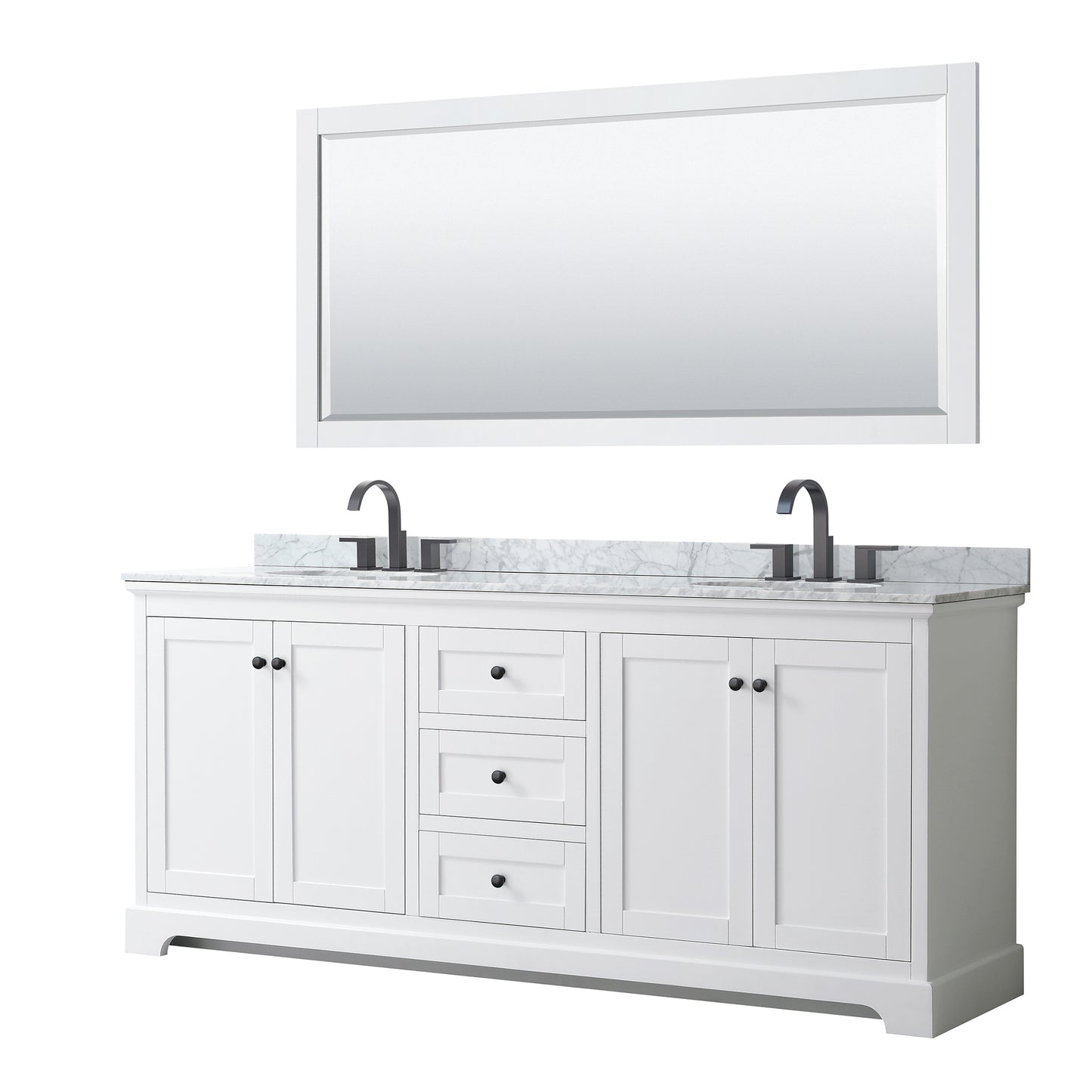 Wyndham Avery 80 Inch Double Bathroom Vanity White Carrara Marble Countertop, Undermount Oval Sinks in Matte Black Trim with 70 Inch Mirror - Luxe Bathroom Vanities
