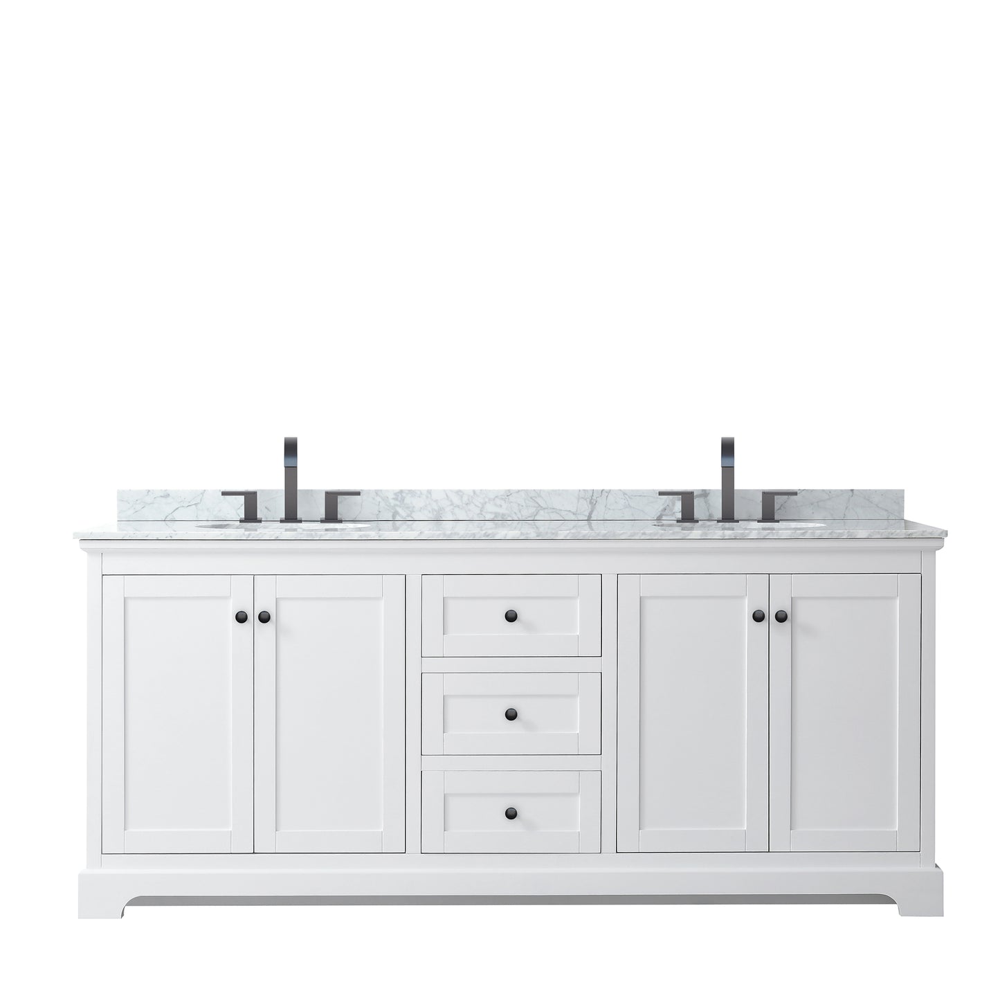 Wyndham Avery 80 Inch Double Bathroom Vanity White Carrara Marble Countertop with Undermount Oval Sinks in Matte Black Trim - Luxe Bathroom Vanities