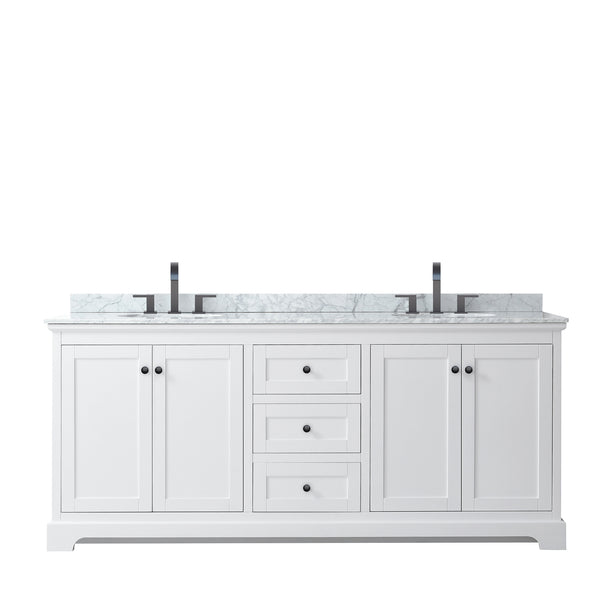 Wyndham Avery 80 Inch Double Bathroom Vanity White Carrara Marble Countertop with Undermount Oval Sinks in Matte Black Trim - Luxe Bathroom Vanities