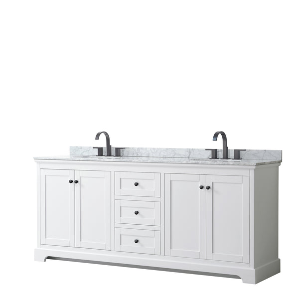 Wyndham Avery 80 Inch Double Bathroom Vanity White Carrara Marble Countertop with Undermount Oval Sinks in Matte Black Trim - Luxe Bathroom Vanities