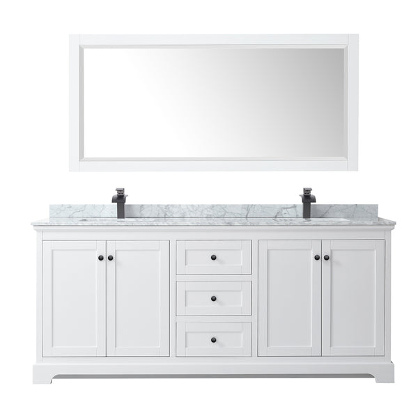 Wyndham Avery 80 Inch Double Bathroom Vanity White Carrara Marble Countertop, Undermount Square Sinks in Matte Black Trim with 70 Inch Mirror - Luxe Bathroom Vanities
