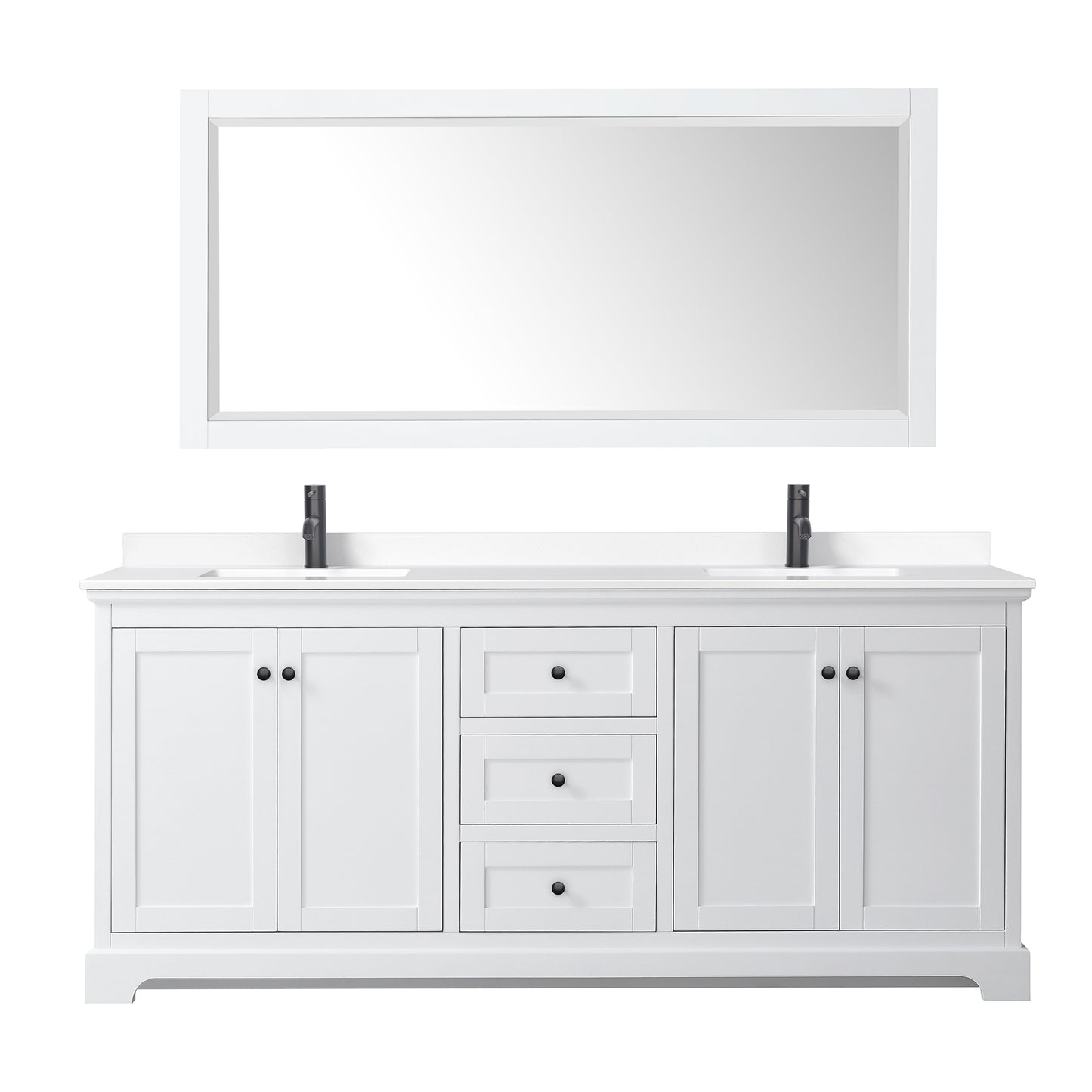 Wyndham Avery 80 Inch Double Bathroom Vanity White Cultured Marble Countertop, Undermount Square Sinks in Matte Black Trim with 70 Inch Mirror - Luxe Bathroom Vanities