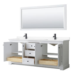 Wyndham Avery 80 Inch Double Bathroom Vanity White Cultured Marble Countertop, Undermount Square Sinks in Matte Black Trim with 70 Inch Mirror - Luxe Bathroom Vanities