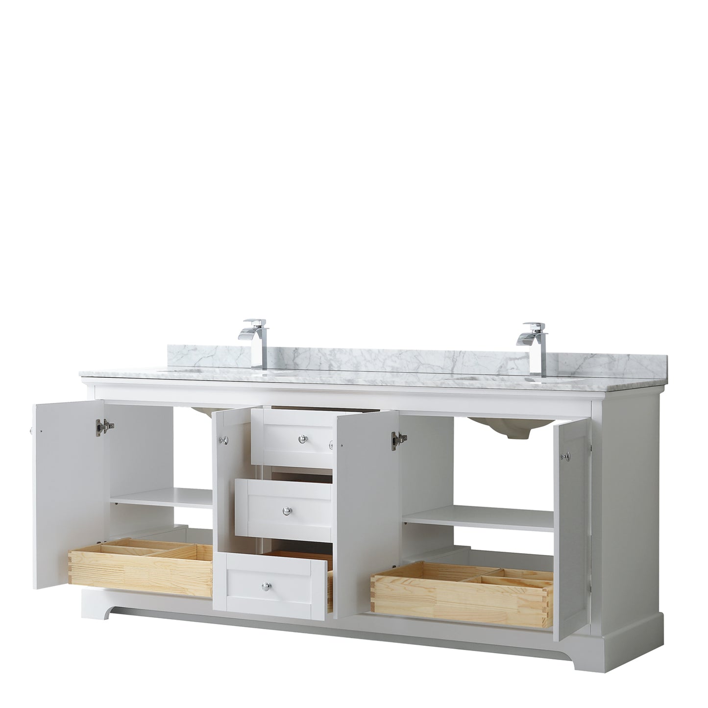 Wyndham Collection Avery 80 Inch Double Bathroom Vanity in White Carrara Marble Countertop, Undermount Square Sinks, and No Mirror - Luxe Bathroom Vanities