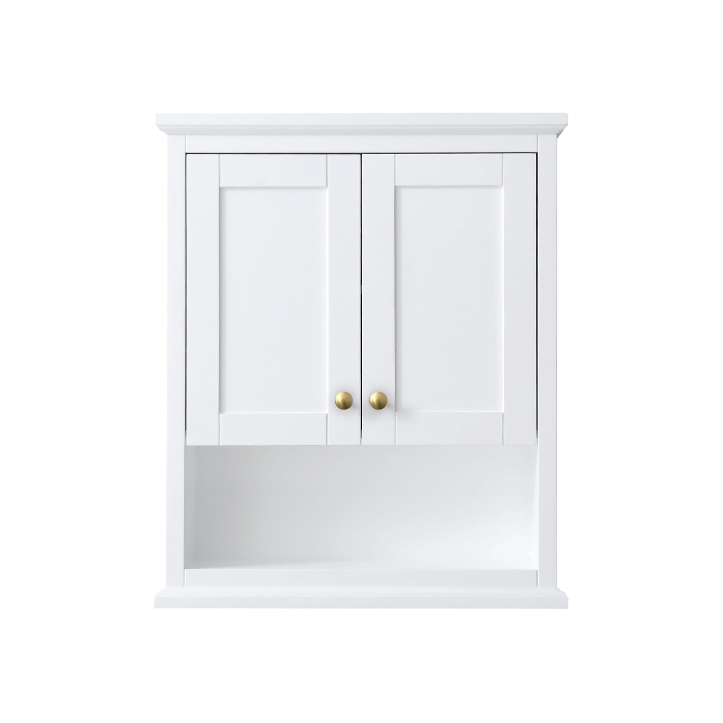 Wyndham Avery Over-the-Toilet Bathroom Wall-Mounted Storage Cabinet in White with Brushed Gold Trim - Luxe Bathroom Vanities