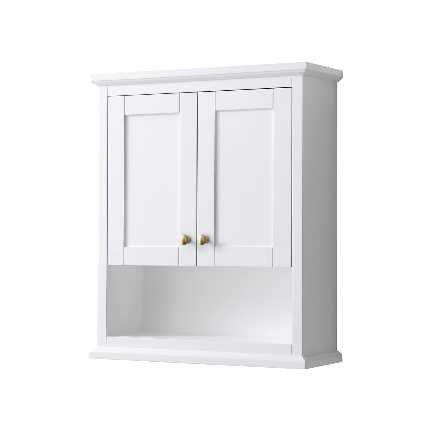 Wyndham Avery Over-the-Toilet Bathroom Wall-Mounted Storage Cabinet in White with Brushed Gold Trim - Luxe Bathroom Vanities